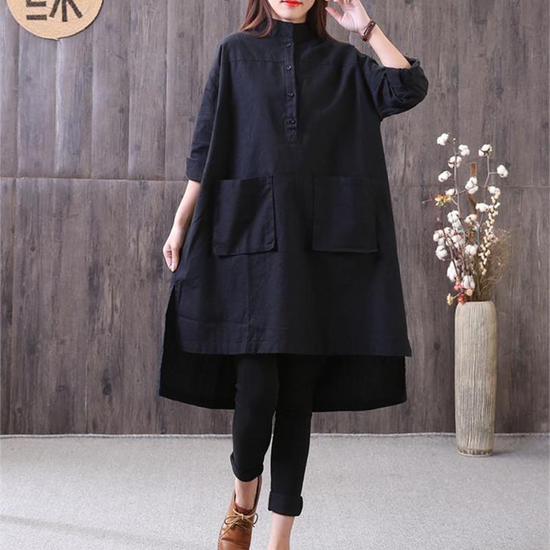 New Cotton Linen Blouse Loose Fitting Loose Irregular Stand Collar Long Sleeve Black Shirt
