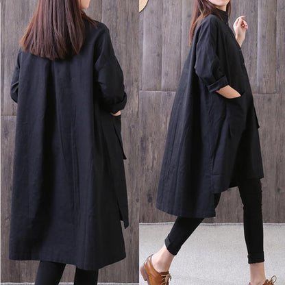 New Cotton Linen Blouse Loose Fitting Loose Irregular Stand Collar Long Sleeve Black Shirt