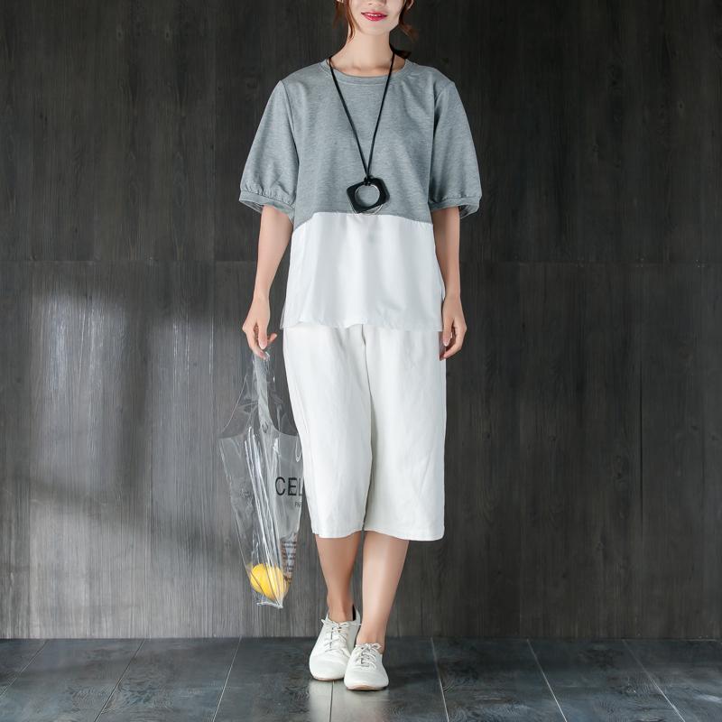 New Cotton Tops Short Sleeve Splicing Gray and White Cotton Tops
