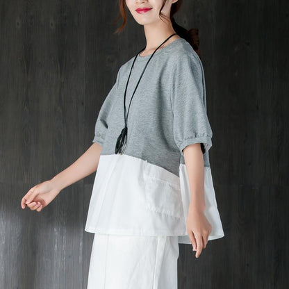 New Cotton Tops Short Sleeve Splicing Gray and White Cotton Tops