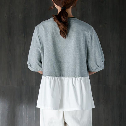New Cotton Tops Short Sleeve Splicing Gray and White Cotton Tops