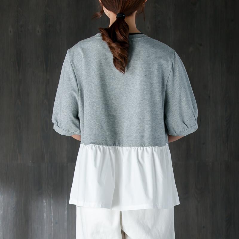 New Cotton Tops Short Sleeve Splicing Gray and White Cotton Tops