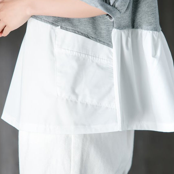 New Cotton Tops Short Sleeve Splicing Gray and White Cotton Tops