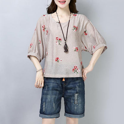 New Cotton Tops Clothing Stripe Printing Short Sleeve Pullover Blouse