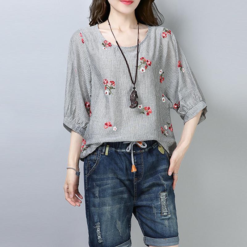 New Cotton Tops Clothing Stripe Printing Short Sleeve Pullover Blouse