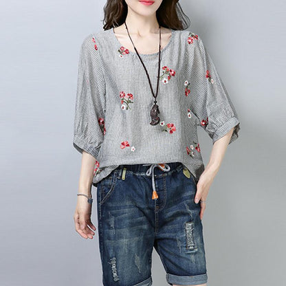 New Cotton Tops Clothing Stripe Printing Short Sleeve Pullover Blouse