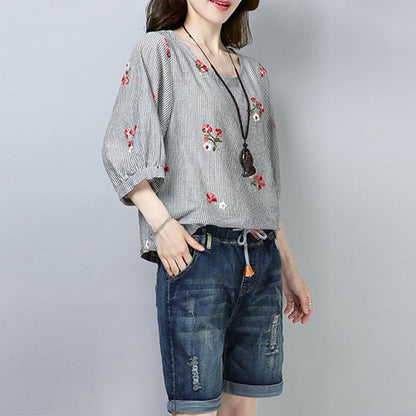 New Cotton Tops Clothing Stripe Printing Short Sleeve Pullover Blouse