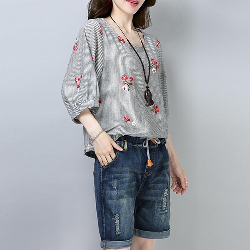 New Cotton Tops Clothing Stripe Printing Short Sleeve Pullover Blouse