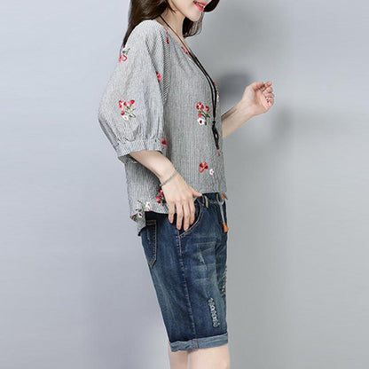 New Cotton Tops Clothing Stripe Printing Short Sleeve Pullover Blouse