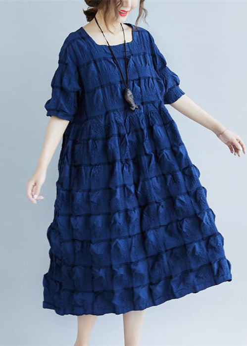 New Dark Blue Cotton Blended Clothing Square Collar Pockets Half Sleeve Large Hem Cotton Blended Dresses