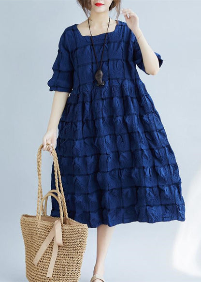 New Dark Blue Cotton Blended Clothing Square Collar Pockets Half Sleeve Large Hem Cotton Blended Dresses