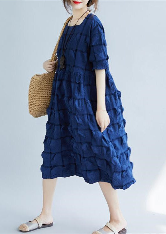 New Dark Blue Cotton Blended Clothing Square Collar Pockets Half Sleeve Large Hem Cotton Blended Dresses