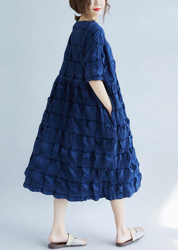 New Dark Blue Cotton Blended Clothing Square Collar Pockets Half Sleeve Large Hem Cotton Blended Dresses