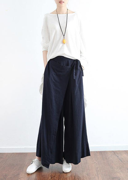 New Dark Blue Loose Tie Irregular Wide Leg Cotton and Linen Pants