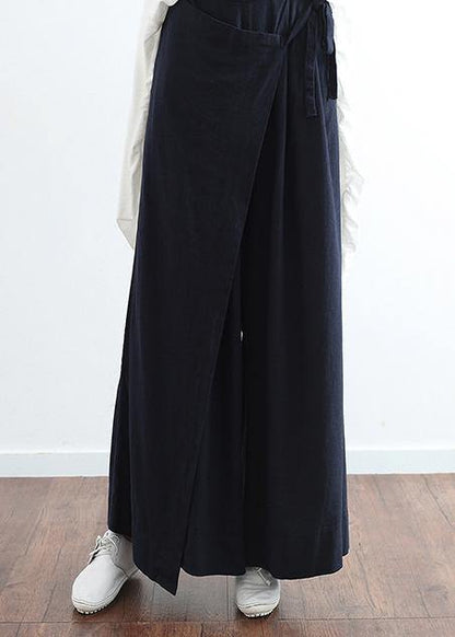 New Dark Blue Loose Tie Irregular Wide Leg Cotton and Linen Pants