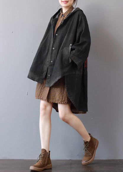 New Dark Gray Denim Coats Hooded Trench Coat Fine Low High Design Coat