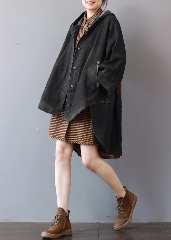 New Dark Gray Denim Coats Hooded Trench Coat Fine Low High Design Coat