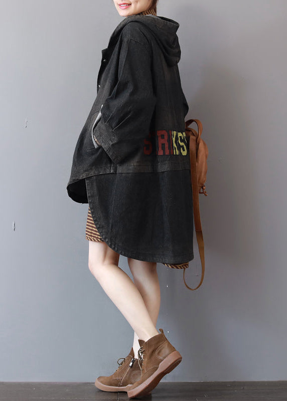 New Dark Gray Denim Coats Hooded Trench Coat Fine Low High Design Coat