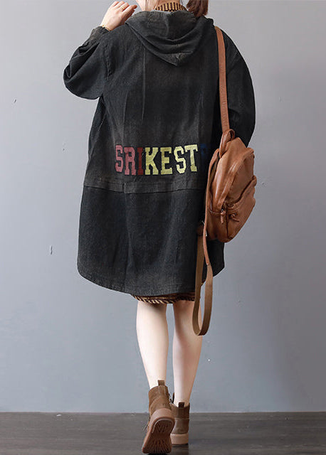 New Dark Gray Denim Coats Hooded Trench Coat Fine Low High Design Coat