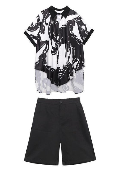 New Female Yellow Printed Shirt + Five-point Pants Two-piece Suit