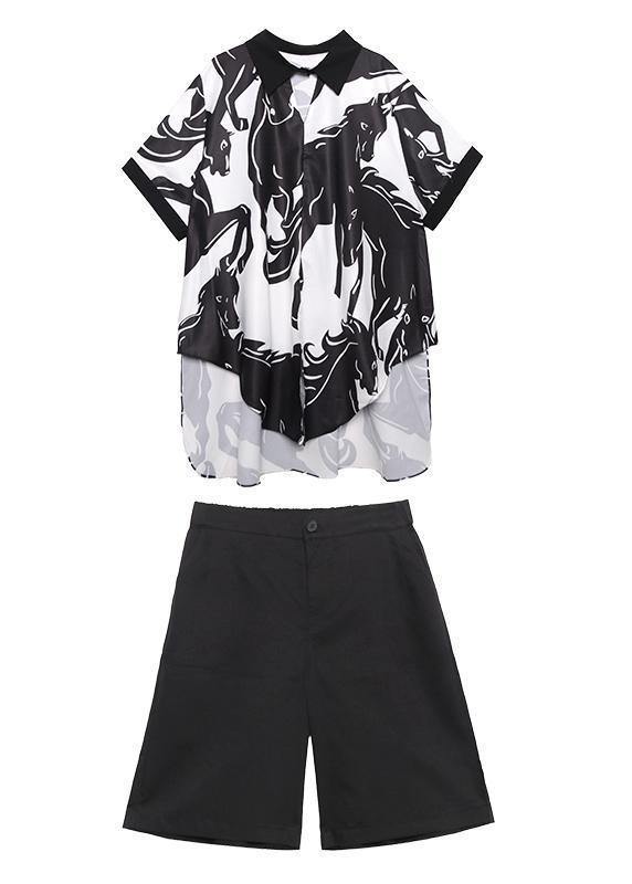 New Female Yellow Printed Shirt + Five-point Pants Two-piece Suit
