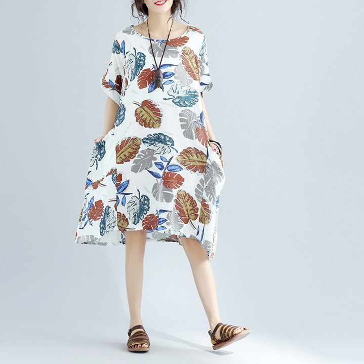 New Midi-length Linen Dress Oversized Linen Cotton Dress Fine Short Sleeve O Neck Linen Clothing Dresses