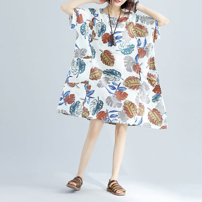 New Midi-length Linen Dress Oversized Linen Cotton Dress Fine Short Sleeve O Neck Linen Clothing Dresses