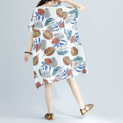 New Midi-length Linen Dress Oversized Linen Cotton Dress Fine Short Sleeve O Neck Linen Clothing Dresses