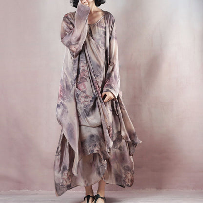 New Silk Dress O Neck Linen Maxi Dress New Two Pieces Kaftan