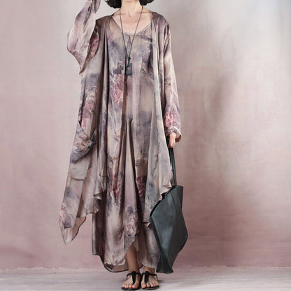 New Silk Dress O Neck Linen Maxi Dress New Two Pieces Kaftan