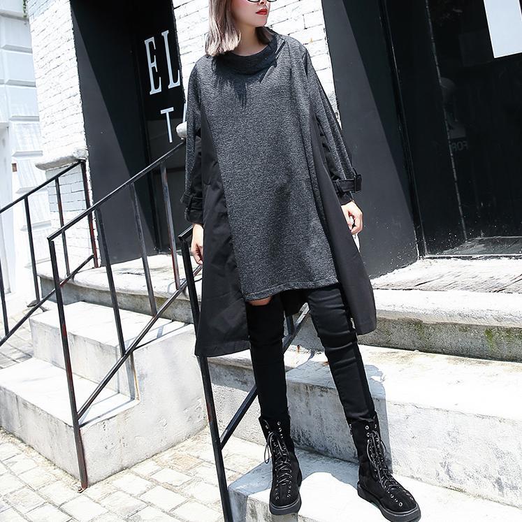 New Gray Fall Dress Loose Fitting Traveling Clothing Asymmetric O Neck Patchwork Dresses