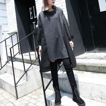 New Gray Fall Dress Loose Fitting Traveling Clothing Asymmetric O Neck Patchwork Dresses