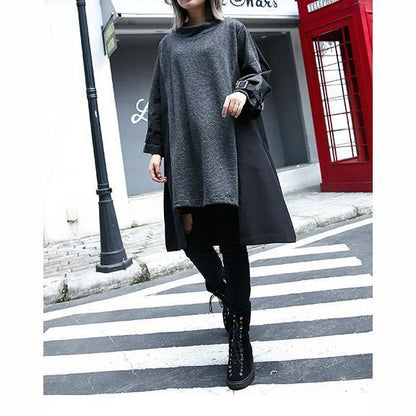 New Gray Fall Dress Loose Fitting Traveling Clothing Asymmetric O Neck Patchwork Dresses