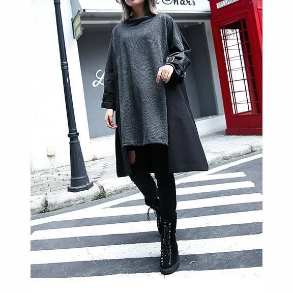 New Gray Fall Dress Loose Fitting Traveling Clothing Asymmetric O Neck Patchwork Dresses
