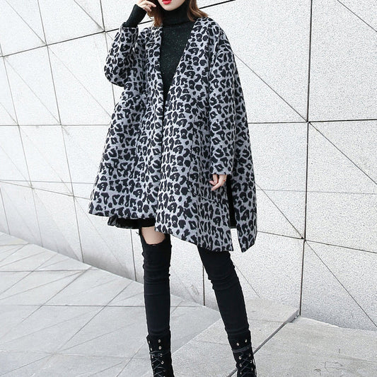 New Gray Leopard Coats V Neck Pockets Winter Coat Side Open Coat