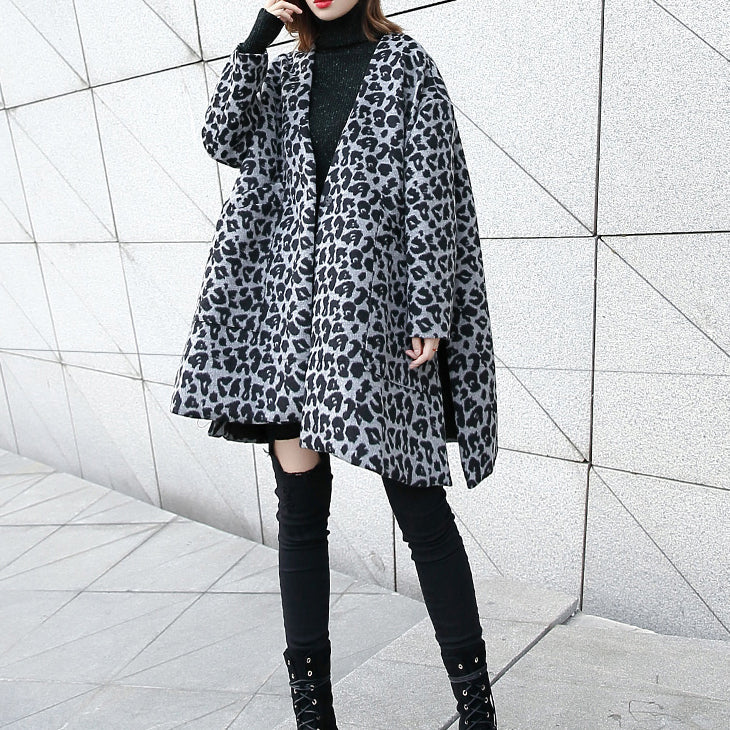 New Gray Leopard Coats V Neck Pockets Winter Coat Side Open Coat