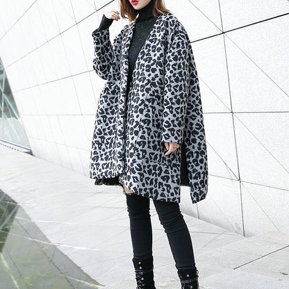New Gray Leopard Coats V Neck Pockets Winter Coat Side Open Coat