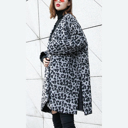 New Gray Leopard Coats V Neck Pockets Winter Coat Side Open Coat