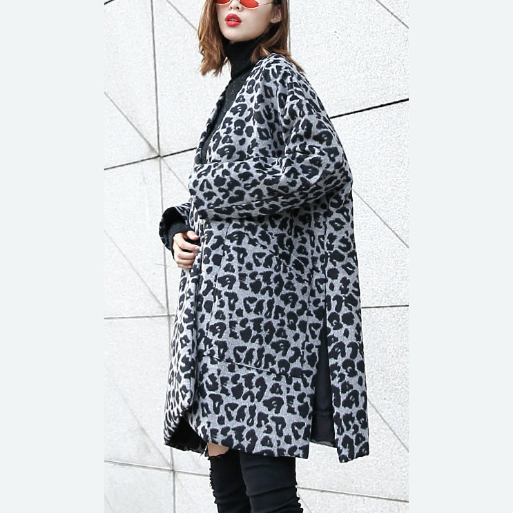 New Gray Leopard Coats V Neck Pockets Winter Coat Side Open Coat