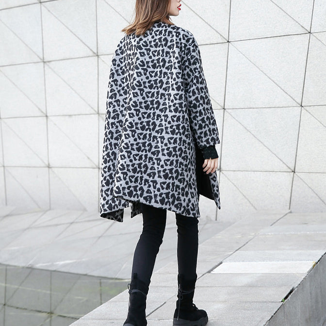 New Gray Leopard Coats V Neck Pockets Winter Coat Side Open Coat