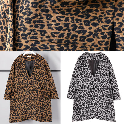 New Gray Leopard Coats V Neck Pockets Winter Coat Side Open Coat