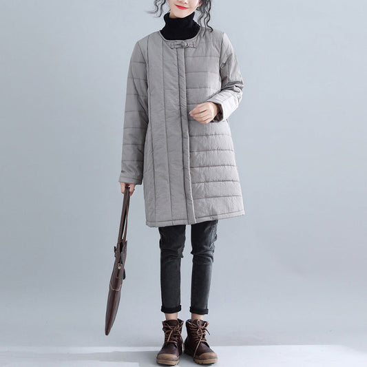New Gray Parkas Loose Fitting O Neck Snow Jackets Chinese Button Winter Outwear