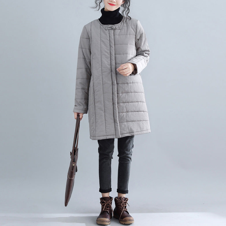 New Gray Parkas Loose Fitting O Neck Snow Jackets Chinese Button Winter Outwear