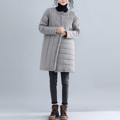 New Gray Parkas Loose Fitting O Neck Snow Jackets Chinese Button Winter Outwear
