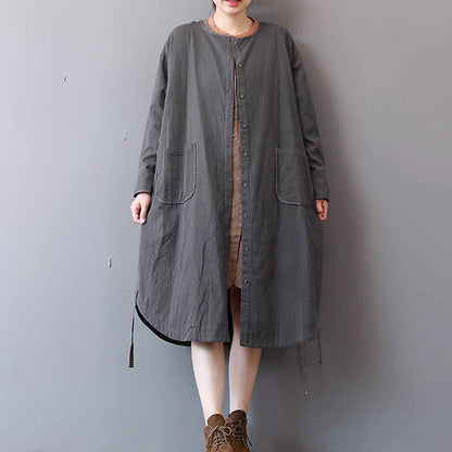 New Gray Cotton Dress Stand Collar Cotton Maxi Dress Long Sleeve Autumn Shirt Dress