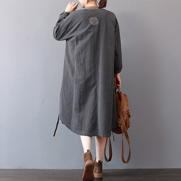 New Gray Cotton Dress Stand Collar Cotton Maxi Dress Long Sleeve Autumn Shirt Dress