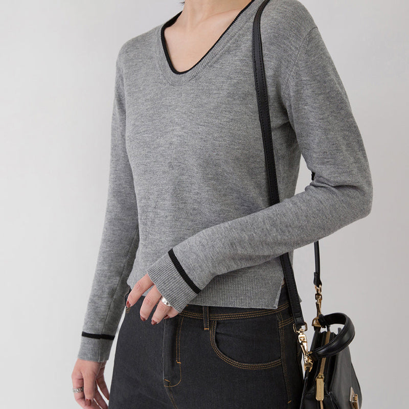 New Gray Cozy Sweater Loose Fitting V Neck Sweaters Side Open Sweaters