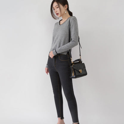 New Gray Cozy Sweater Loose Fitting V Neck Sweaters Side Open Sweaters