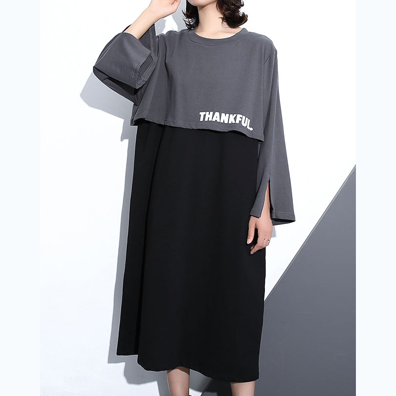 New Gray Fall Dress O Neck Cotton Clothing Dresses Faux Two Pieces Maxi Dresses