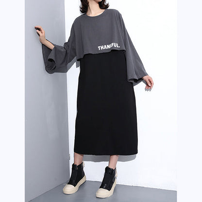 New Gray Fall Dress O Neck Cotton Clothing Dresses Faux Two Pieces Maxi Dresses